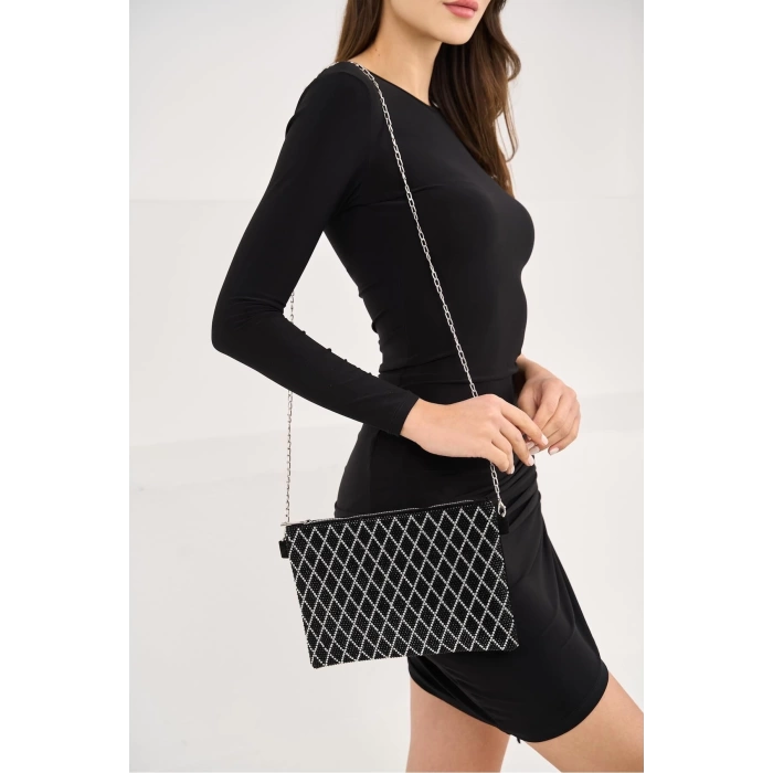 Bella Taşlı Clutch El Ve Omuz Kadın Çanta - Taş Sıralı