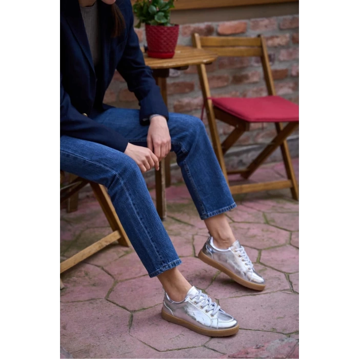 Kalın Bağcıklı Deri Görünümlü Spor Ayakkabı Sneaker Gümüş