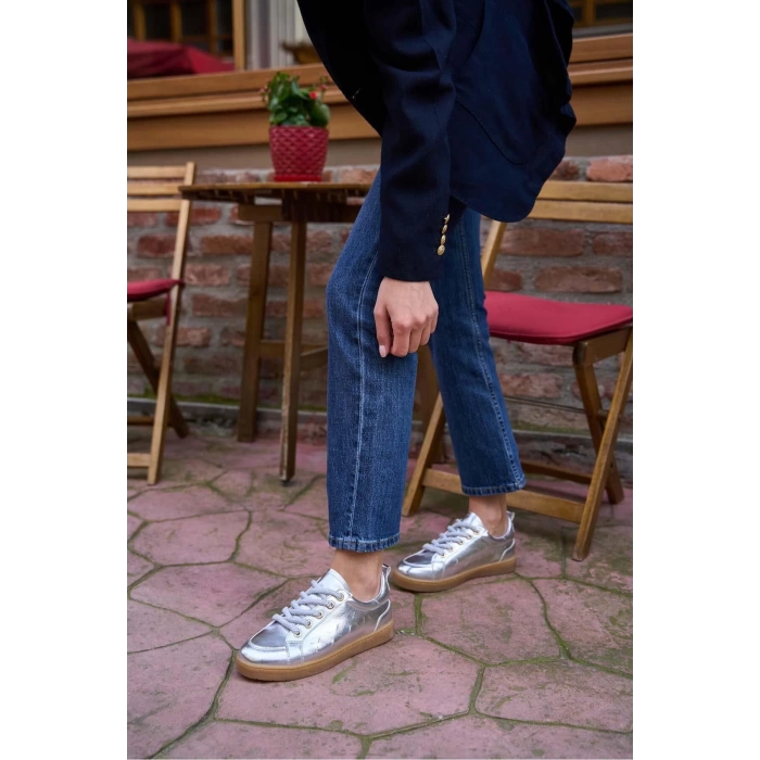 Kalın Bağcıklı Deri Görünümlü Spor Ayakkabı Sneaker Gümüş