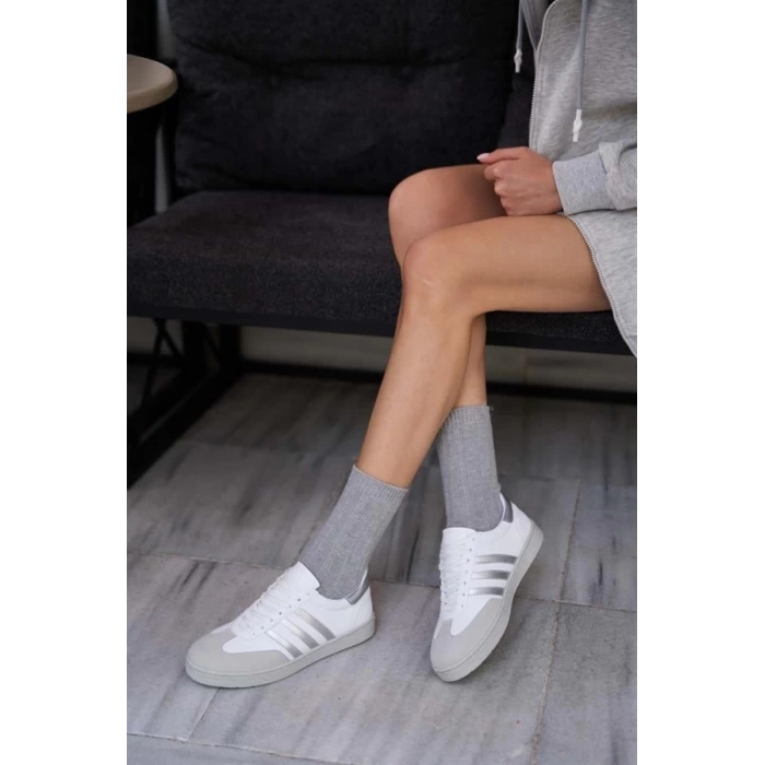 Kontrast Parçalı Spor Ayakkabı Sneaker Yeşil-Beyaz Süet