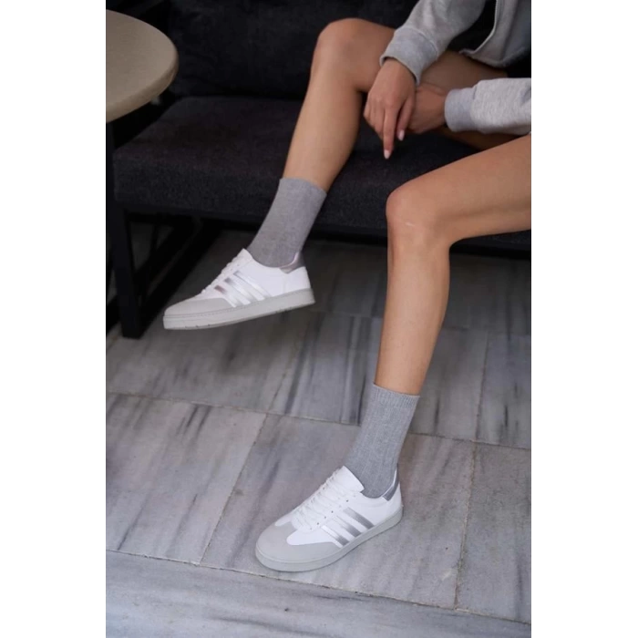 Kontrast Parçalı Spor Ayakkabı Sneaker Yeşil-Beyaz Süet