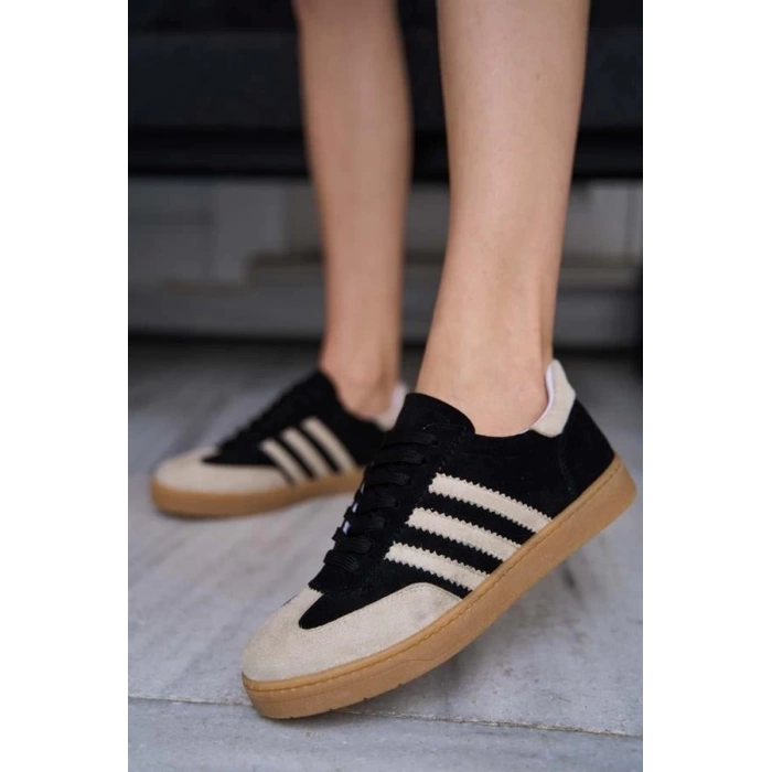 Kontrast Parçalı Spor Ayakkabı Sneaker Yeşil-Beyaz Süet