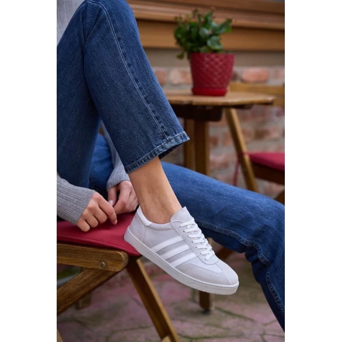 Kontrast Parçalı Spor Ayakkabı Sneaker Yeşil-Beyaz Süet