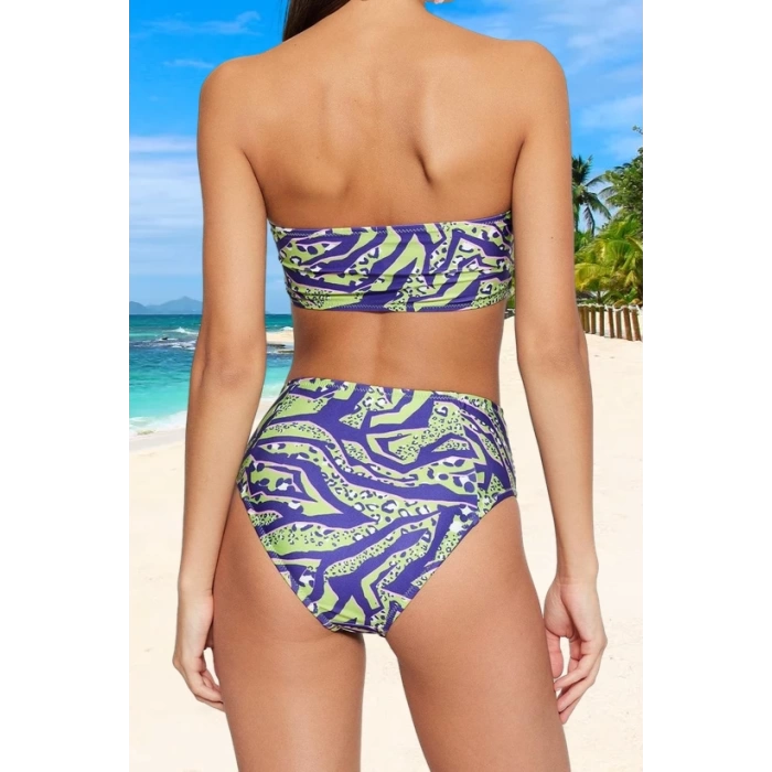 Desenli Straplez Bikini Takımı Su Sporları İçin Hızlı Kuruyan Klora Dayanıklı Esnek Kumaş