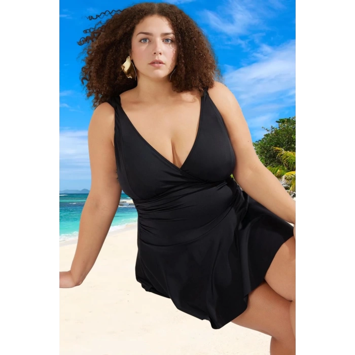 Konforlu Derin V Yaka Rahat Kesim Büyük Beden Mayo Plaj Kıyafeti Plus Size