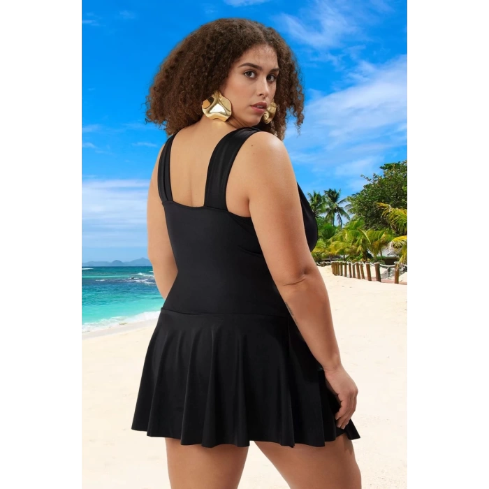 Konforlu Derin V Yaka Rahat Kesim Büyük Beden Mayo Plaj Kıyafeti Plus Size
