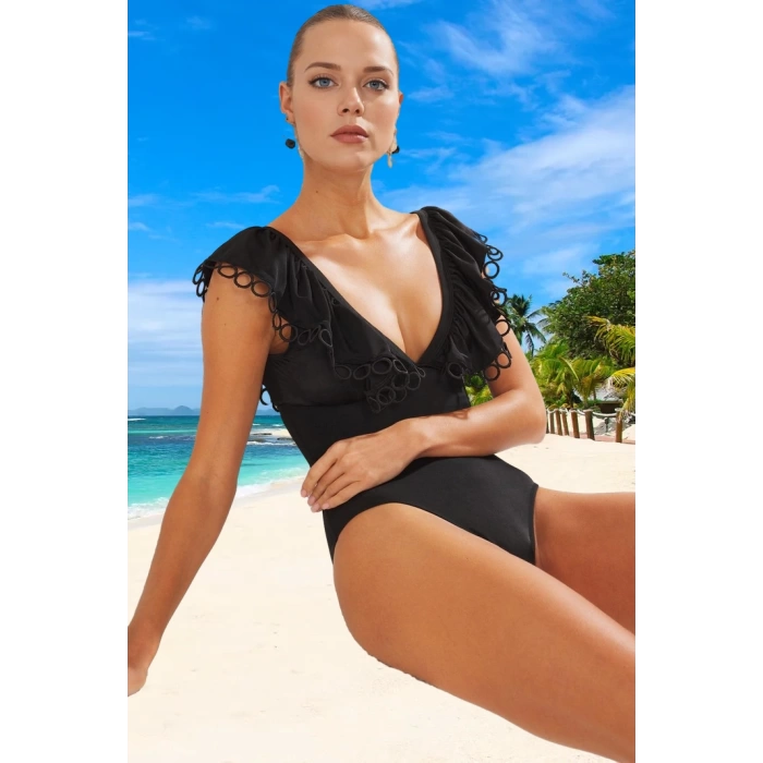 Volanlı V Yaka Mayo Swimsuit Esnek Kumaş Havuz Mayosu Plaj Klora Dayanıklı