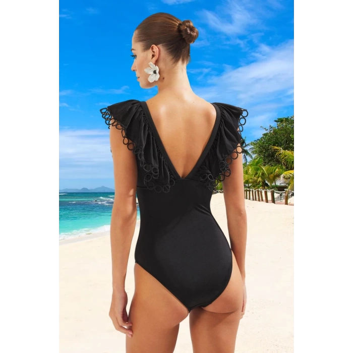 Volanlı V Yaka Mayo Swimsuit Esnek Kumaş Havuz Mayosu Plaj Klora Dayanıklı