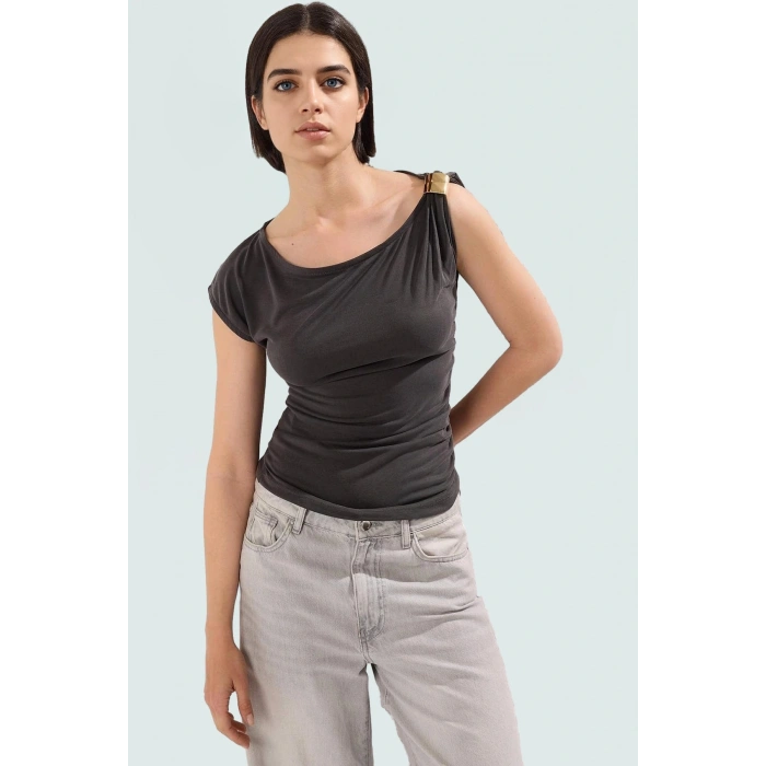 100 Modal Premium Örme Bluz Aksesuarlı Asimetrik Yaka Rahat Günlük Modern Stil