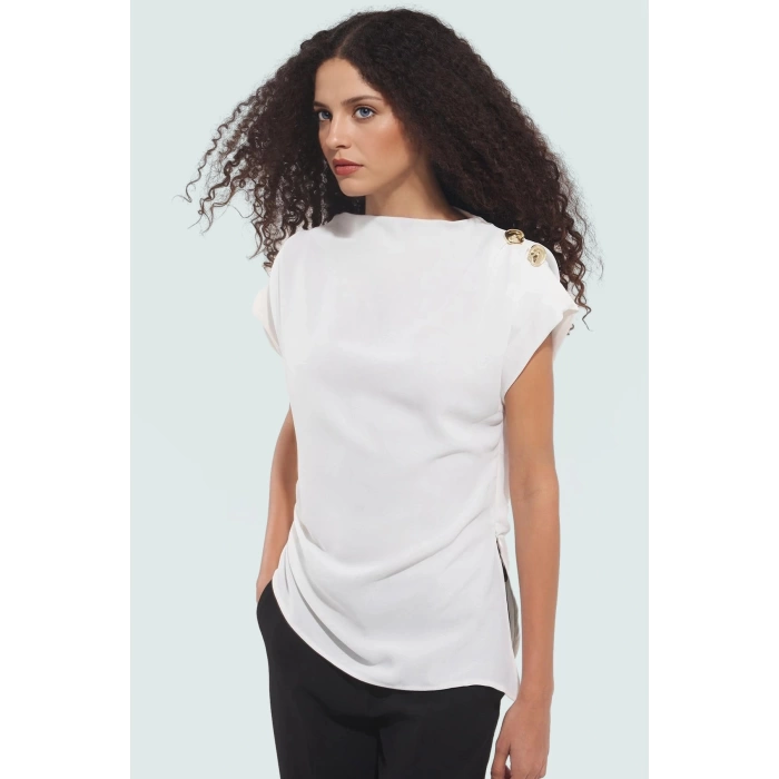 100 Polyester Krep Kumaş Kadın Bluz Dik Yaka Fitted Yazlık Yüksek Kalite Konforlu Kesim
