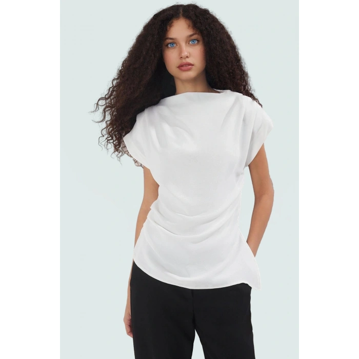 100 Polyester Krep Kumaş Kadın Bluz Dik Yaka Fitted Yazlık Yüksek Kalite Konforlu Kesim