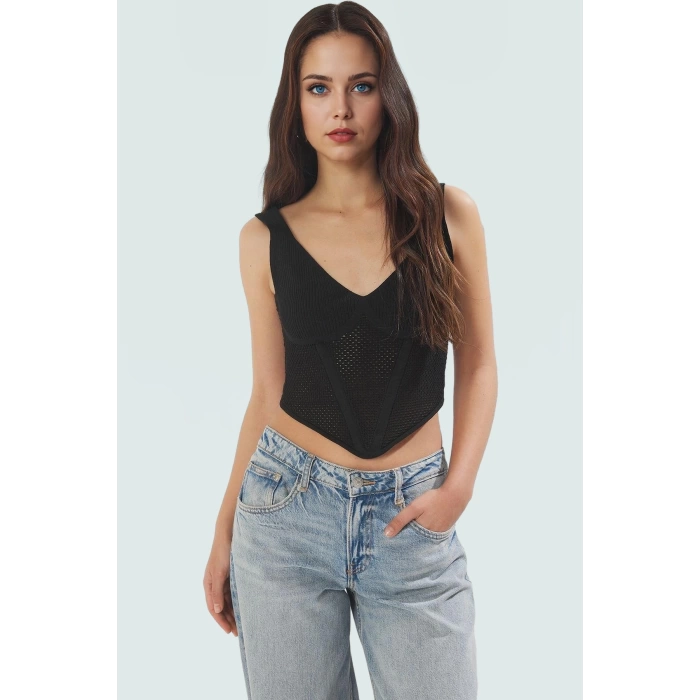 100 Polyester Triko Bluz Havuz Yaka Fitted Kalıp Crop Boy Kaliteli İşçilik Uzun Ömürlü