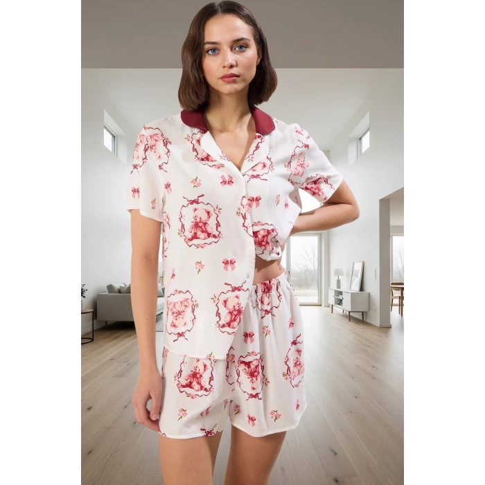 100 Viskoz Shally Dokuma Regular Kalıp Çok Pijama Takımı Rahat Kullanım Zarifane Tasarım