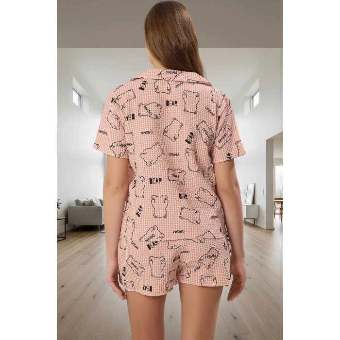 2li Ayıcıklı Gömlek Şort Pijama Takımı Yazlık Gofre Dokuma Günlük Kullanım İçin