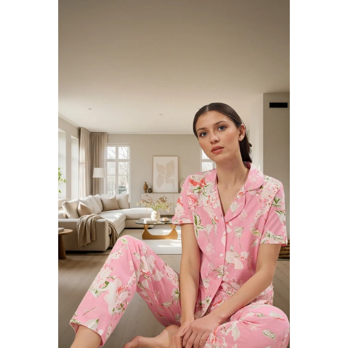 2li Homewear Pamuklu Örme Pijama Takımı Çiçekli Desen Regular Kalıp Şık Görünüm