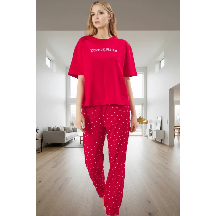 2li Kadın Pijama Takımı Pamuklu Regular Kalıp Kalpli Desen Profesyonel Görünüm