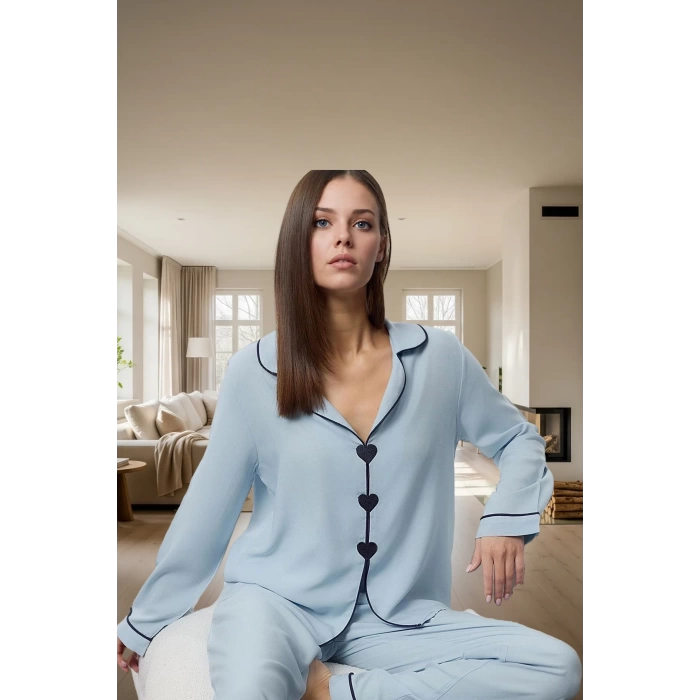 2li Kalp Detaylı Viskon Pijama Takımı; Rahat ve Şık Kışlık Seçkin Malzeme Premium Kalite