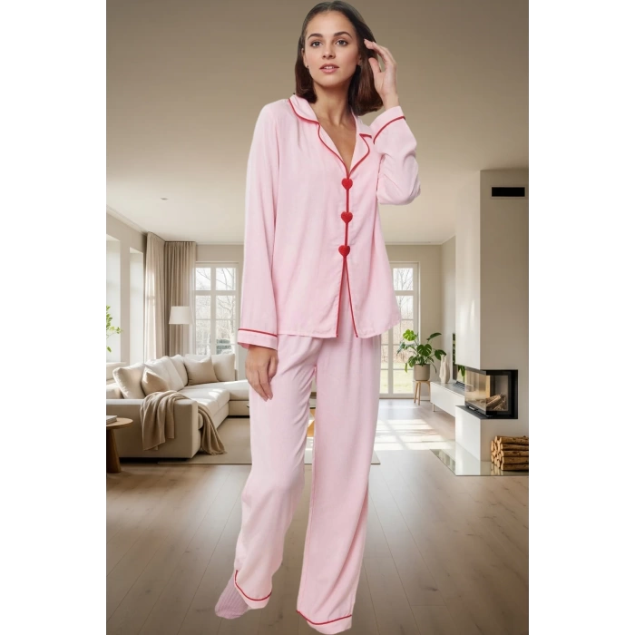 2li Kalp Detaylı Viskon Pijama Takımı; Rahat ve Şık Kışlık Seçkin Malzeme Premium Kalite