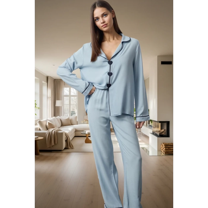 2li Kalp Detaylı Viskon Pijama Takımı; Rahat ve Şık Kışlık Seçkin Malzeme Premium Kalite