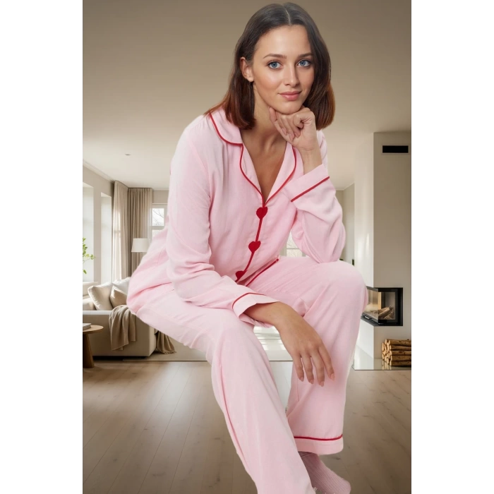 2li Kalp Detaylı Viskon Pijama Takımı; Rahat ve Şık Kışlık Seçkin Malzeme Premium Kalite