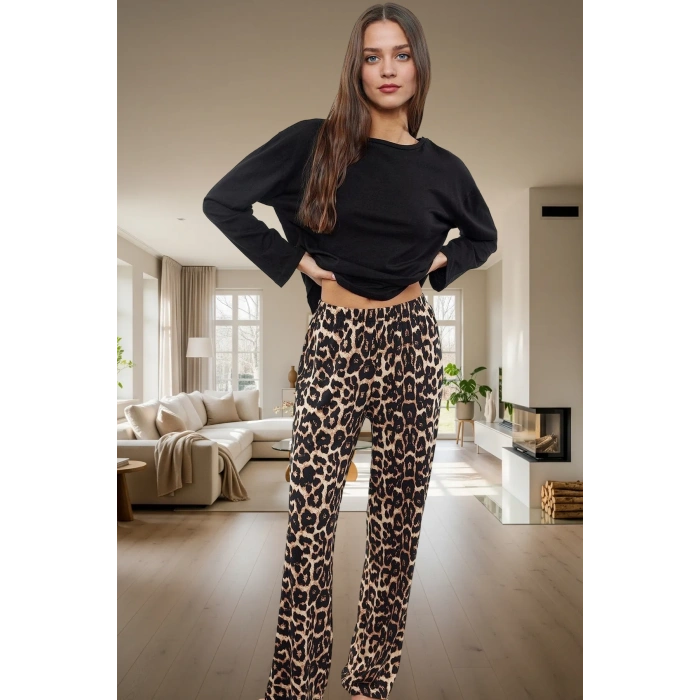 2li Leopar Desenli Örme Pijama Takımı Kışlık Kaliteli İşçilik Profesyonel Görünüm