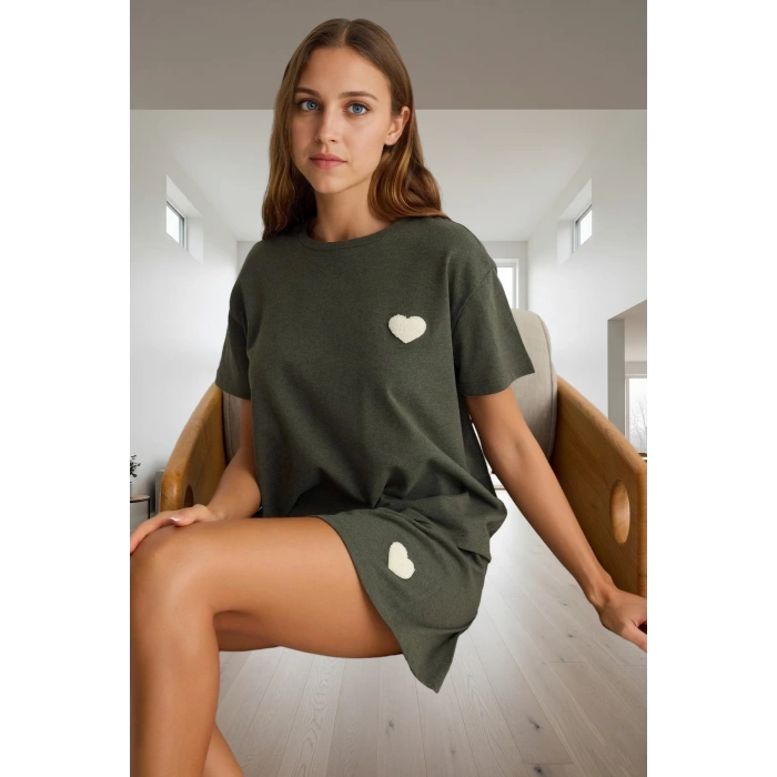 2li Pamuklu Pijama Takımı Kalp Detaylı Yazlık Örme Kumaş Özel Tasarım Kaliteli İşçilik