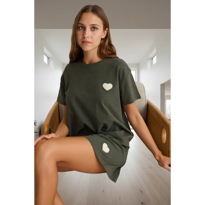 2li Pamuklu Pijama Takımı Kalp Detaylı Yazlık Örme Kumaş Özel Tasarım Kaliteli İşçilik