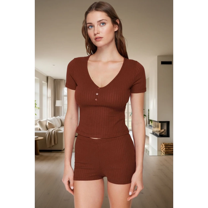 2li Pijama Takımı Nefes Alan Pamuk Polyester V Yaka Regular Fit Yazlık Mükemmel Uyum