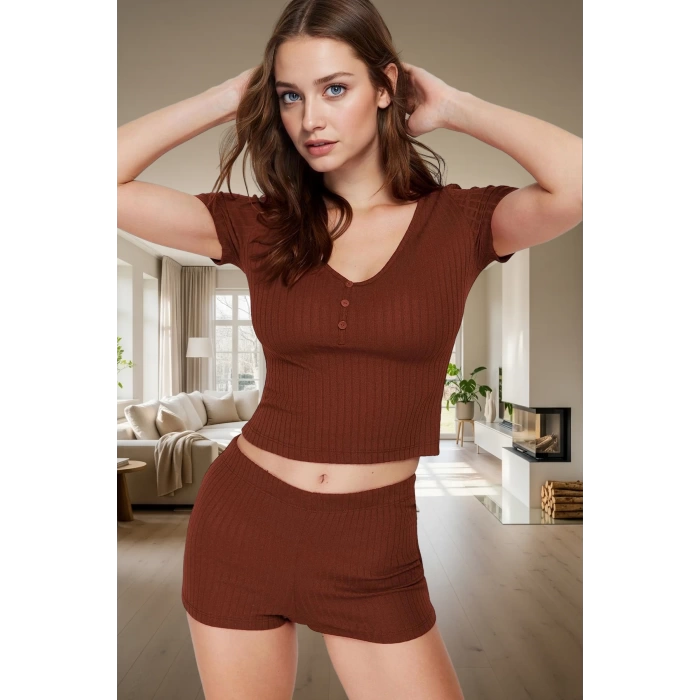 2li Pijama Takımı Nefes Alan Pamuk Polyester V Yaka Regular Fit Yazlık Mükemmel Uyum