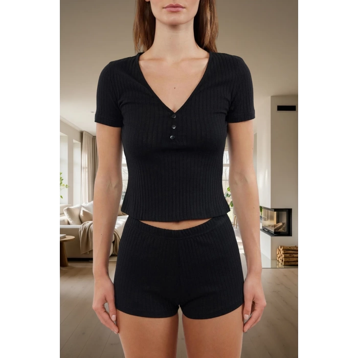 2li Pijama Takımı Nefes Alan Pamuk Polyester V Yaka Regular Fit Yazlık Mükemmel Uyum