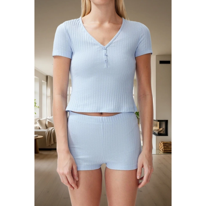 2li Pijama Takımı Nefes Alan Pamuk Polyester V Yaka Regular Fit Yazlık Mükemmel Uyum