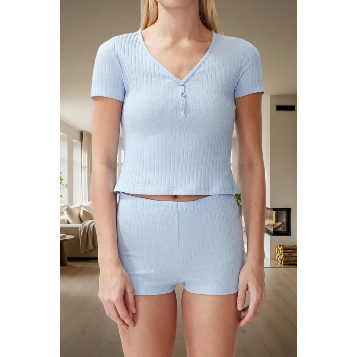 2li Pijama Takımı Nefes Alan Pamuk Polyester V Yaka Regular Fit Yazlık Mükemmel Uyum