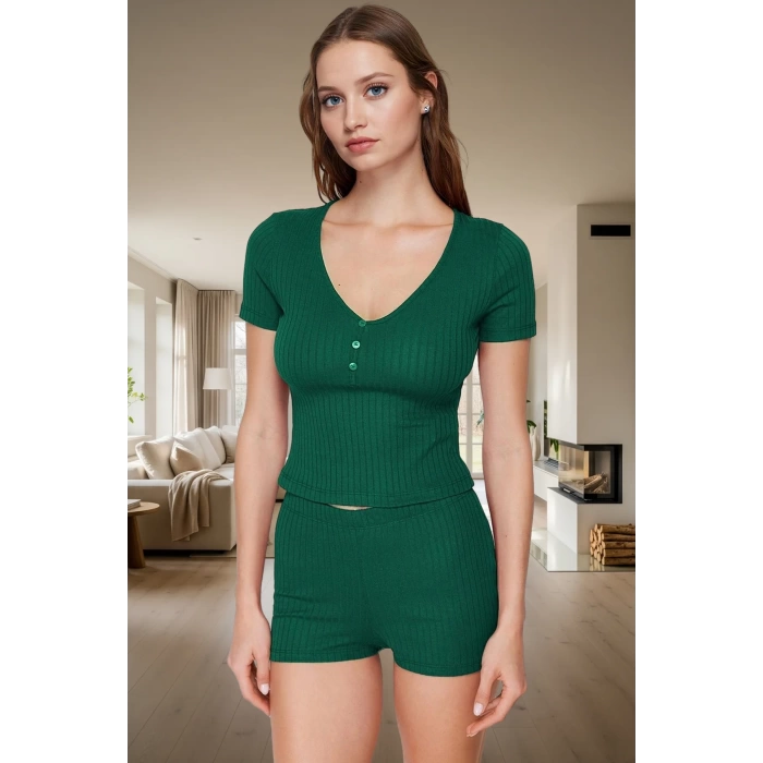 2li Pijama Takımı Nefes Alan Pamuk Polyester V Yaka Regular Fit Yazlık Mükemmel Uyum