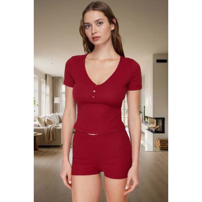 2li Pijama Takımı Nefes Alan Pamuk Polyester V Yaka Regular Fit Yazlık Mükemmel Uyum