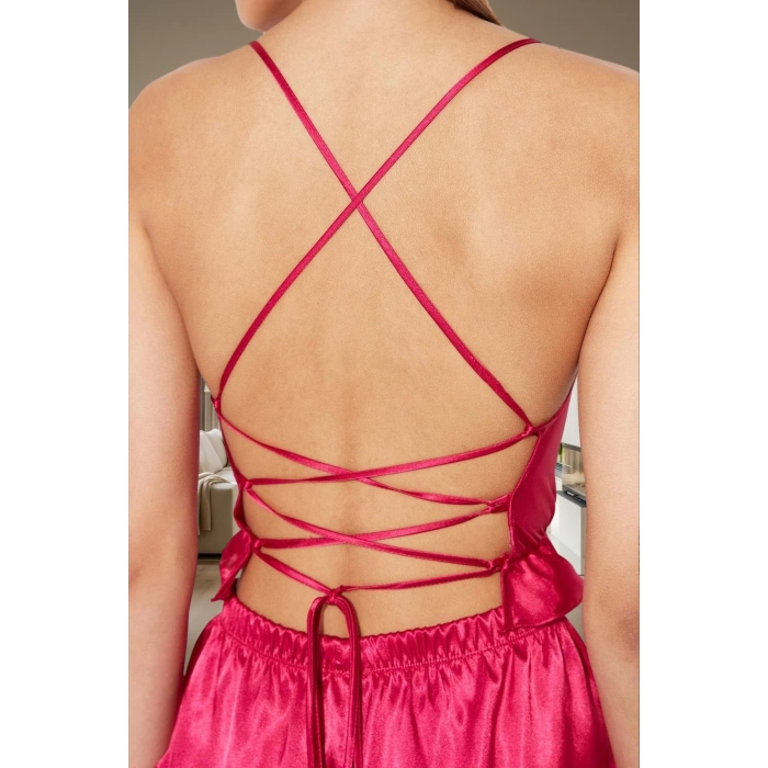 2 Parça Rahat Saten Pijama Takımı V Yaka Atlet ve Boru Paça Şort Trend Tasarım Modern Stil