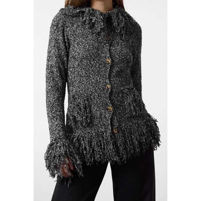 Kadın Moda Şık Regular Dik Yaka Regular Saçaklı Mont Görünümlü Triko Hırka