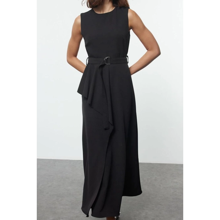 Fashion Style Fitted Crew Neck Long Hijab Belted Front Detailed Sleeveless Woven Vest Dress