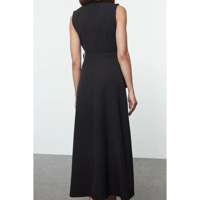 Fashion Style Fitted Crew Neck Long Hijab Belted Front Detailed Sleeveless Woven Vest Dress