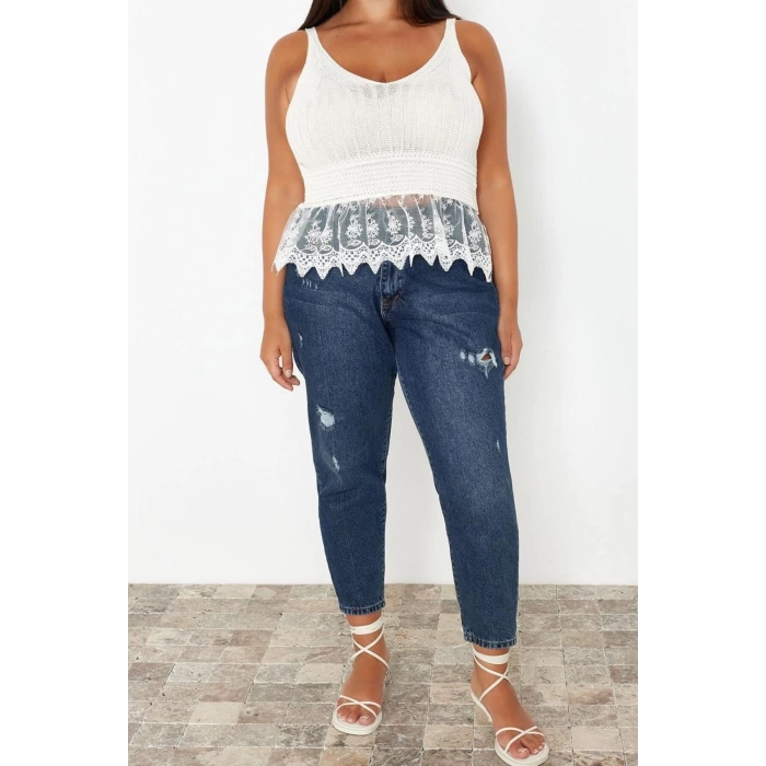 Moda Büyük Beden V Yaka Triko Fit Ajurlu Desen Casual Günlük Regular Askılı Kol Bluz