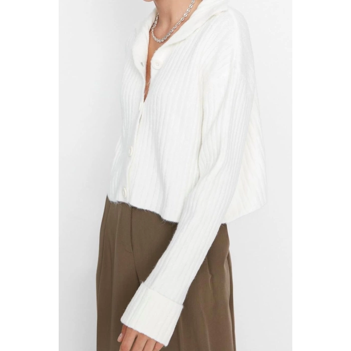Womens Modern Style Casual Long Stand Collar Plain Sleeve Crop Knitwear Cardigan