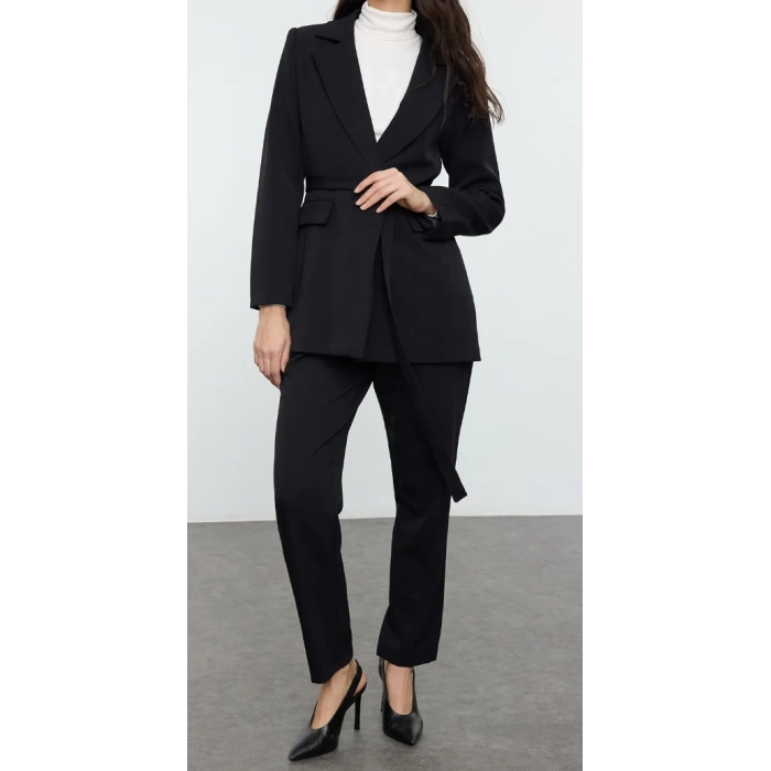 Womens Fashion Stylish Wide Leg Tie Detailed Lined Crepe Jacket-Pants Woven Bottom-Top Set