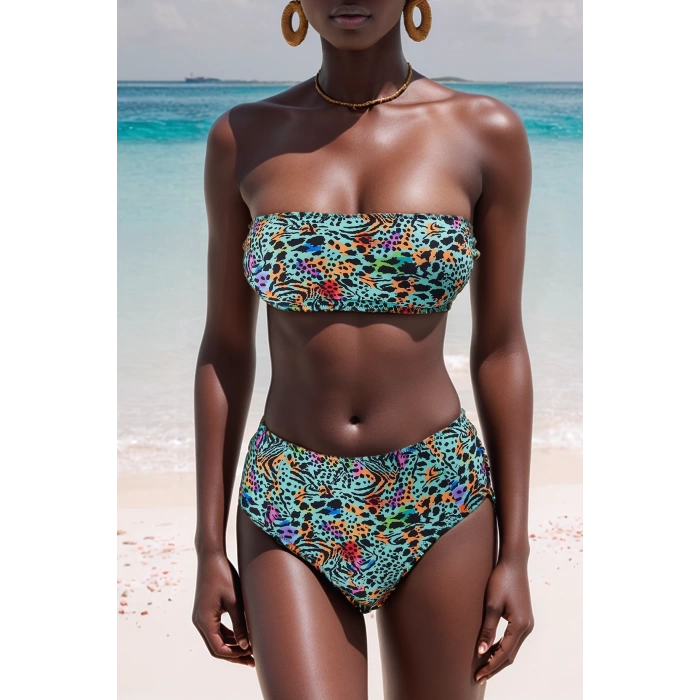 Kadın Yüksek Bel Straplez Bikini Takımı Bandeau Üst Çıkarılabilir Pedli Şık Plaj Hipster Mayo