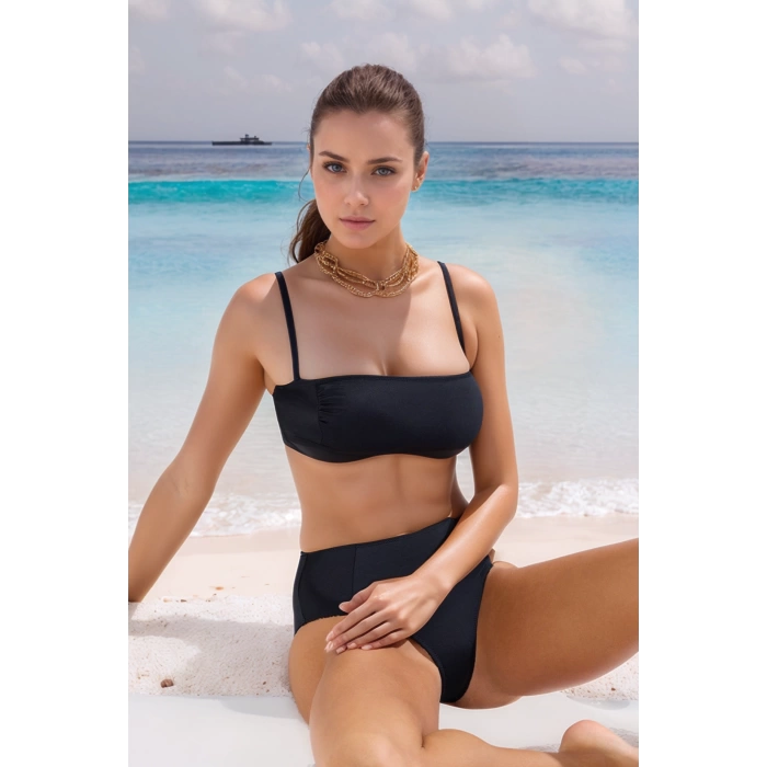 Kadın Yüksek Bel Straplez Bikini Takımı Bandeau Üst Çıkarılabilir Pedli Şık Plaj Hipster Mayo
