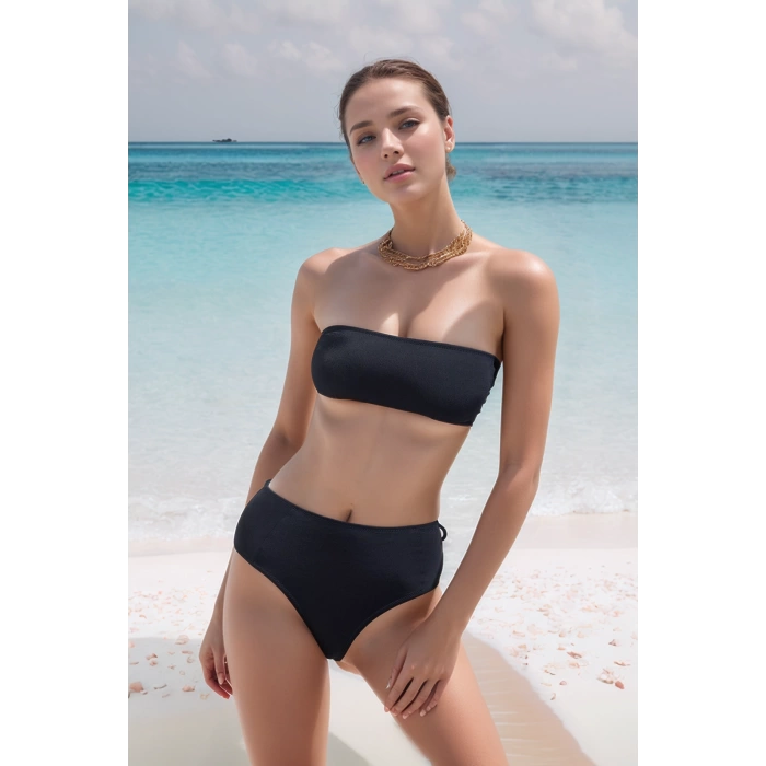 Kadın Yüksek Bel Straplez Bikini Takımı Bandeau Üst Çıkarılabilir Pedli Şık Plaj Hipster Mayo