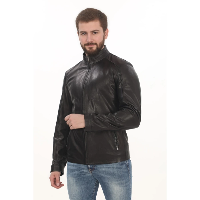 Erkek Minimal ve Çekici Derimont Ceket Erkek Hakiki Kuzu Derisi Slim Fit Siyah Mont