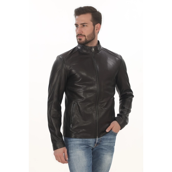 Erkek Minimal ve Çekici Derimont Ceket Erkek Hakiki Kuzu Derisi Slim Fit Siyah Mont