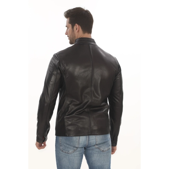 Erkek Minimal ve Çekici Derimont Ceket Erkek Hakiki Kuzu Derisi Slim Fit Siyah Mont
