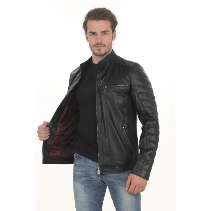 Erkek Kapitone Detaylı Derimont Şık Modern Hakiki Kuzu Derisi Erkek Siyah El Yapımı Biker Mont