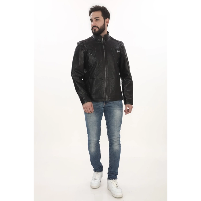 Erkek Motorcu Ruhuna Hitap Eden Derimont Slim Fit Hakiki Kuzu Derisi Siyah Erkek Deri Ceket