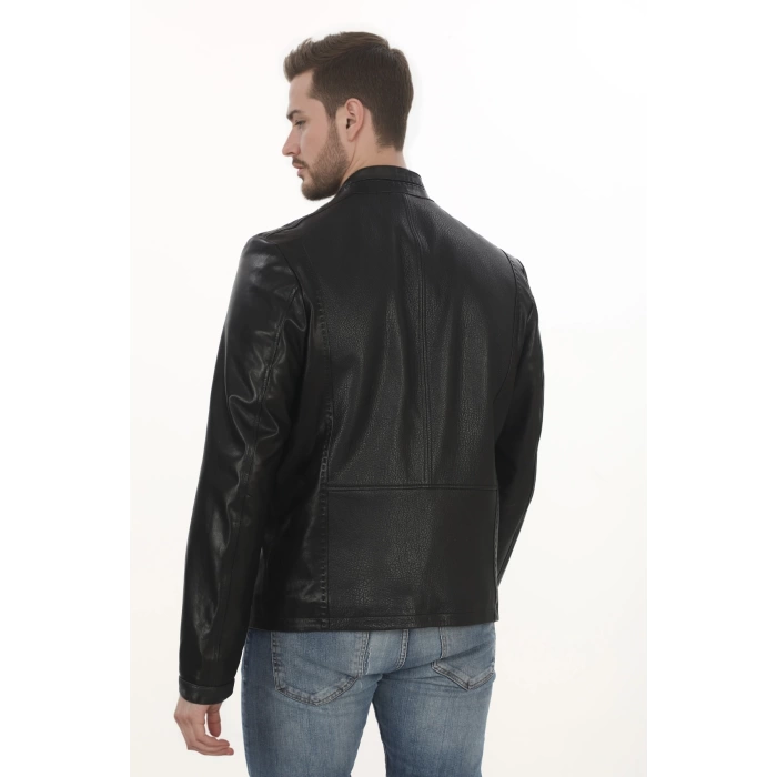 Erkek Motorcu Ruhuna Hitap Eden Derimont Slim Fit Hakiki Kuzu Derisi Siyah Erkek Deri Ceket